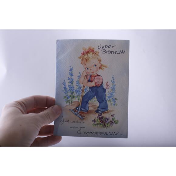 Girl Gardening by Blue Flowers, Birthday, Greeting Card, Used - Picture 1 of 2